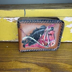 Vintage Genuine Brown Leather Horse Wallet Surrounded Zipper Closure 1950's